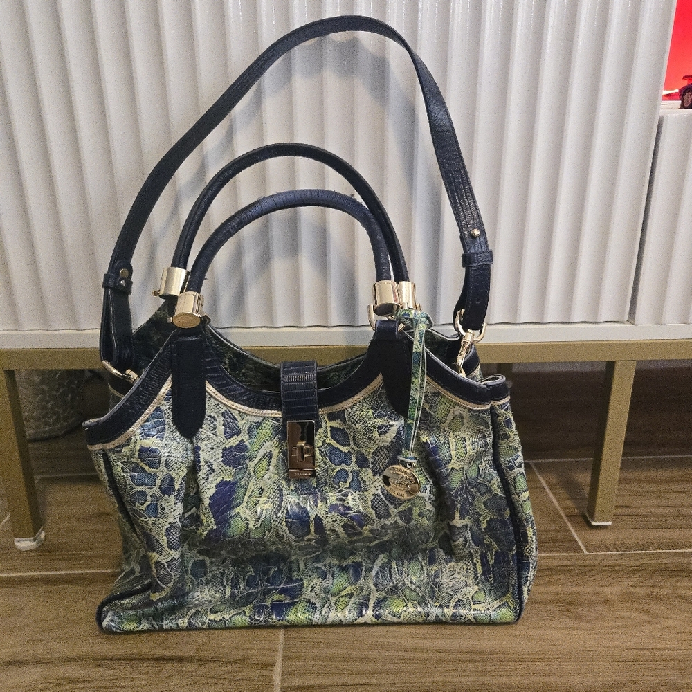 Brahmin Elisa Hobo Satchel Blue Green Snake Croc Embossed Leather Handbag RARE